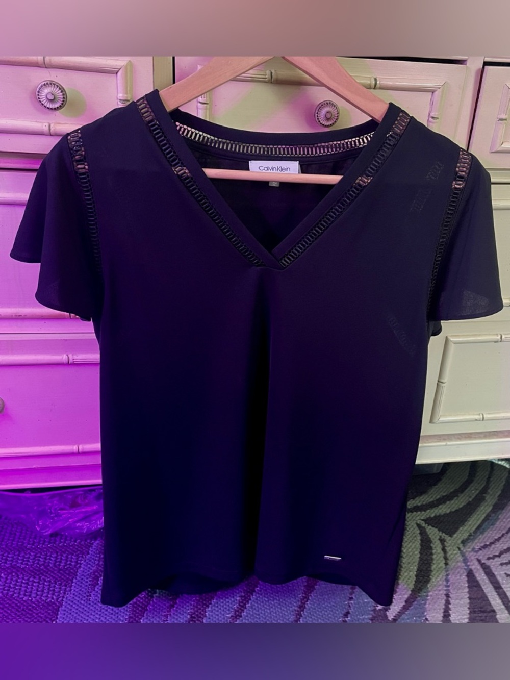 Calvin Klein Black V‑Neck Short Sleeve Blouse with Ladder Trim